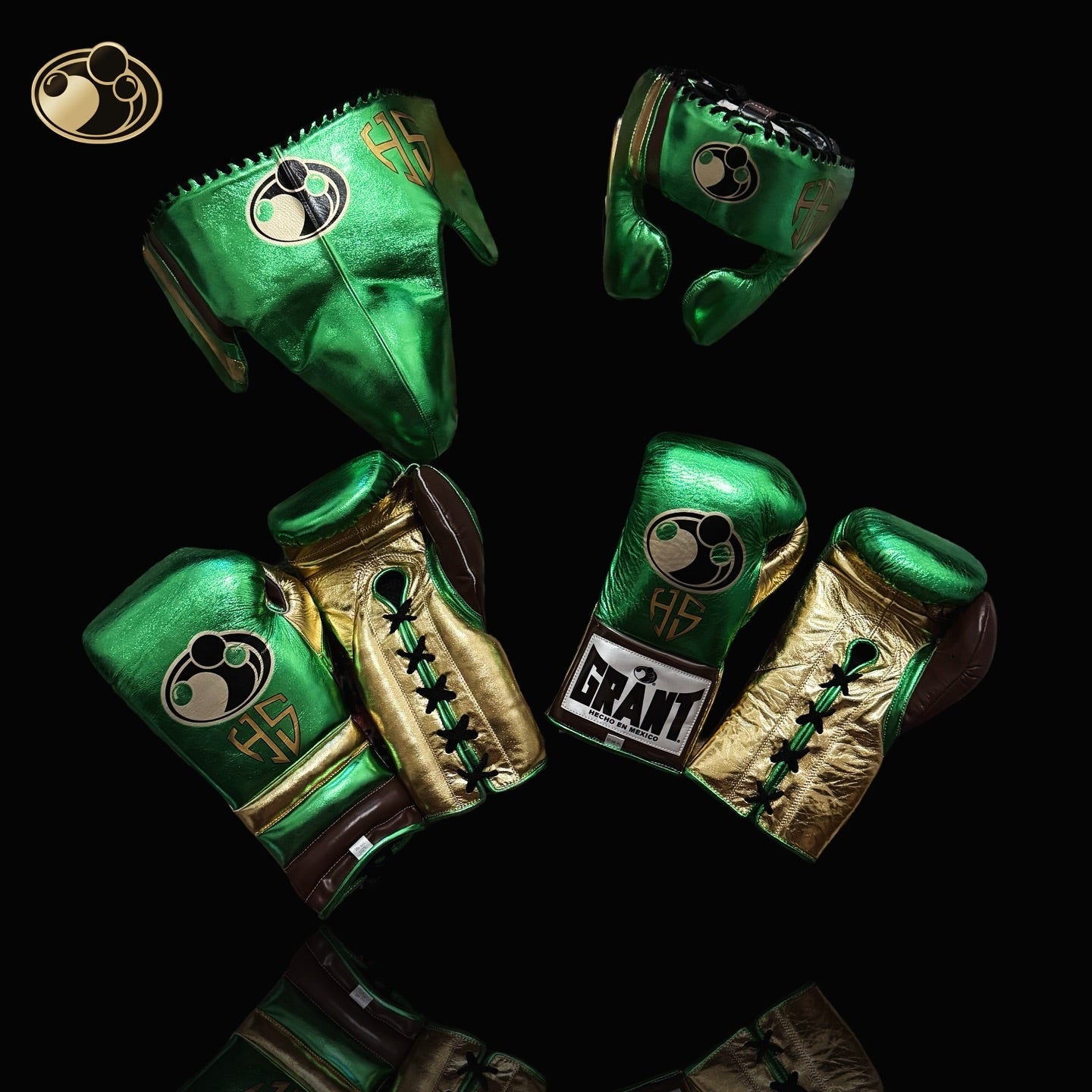 Boxing Gloves Set,  Green/Gold Boxing set, Boxing Head Guard